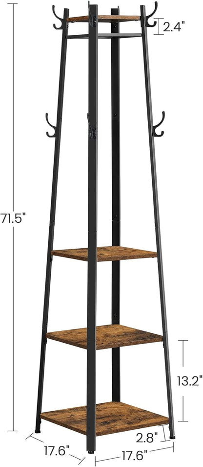 VASAGLE Coat Rack, Coat Stand with 3 Shelves, Hall Tree Free Standing with Hooks for Scarves, Bags, Umbrellas, Steel Frame, Industrial Style, for Entryway, Living Room, Rustic Brown and Black ULCR80X
