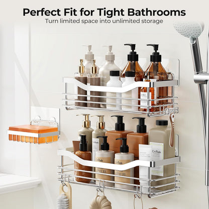 Shower Caddy Basket Soap Dish Holder Shelf with 5 Hooks Bathroom Organizer Shelf Kitchen Storage Rack Wall Mounted Adhesive No Drilling Rustproof SUS304 Stainless Steel - 3 Pack