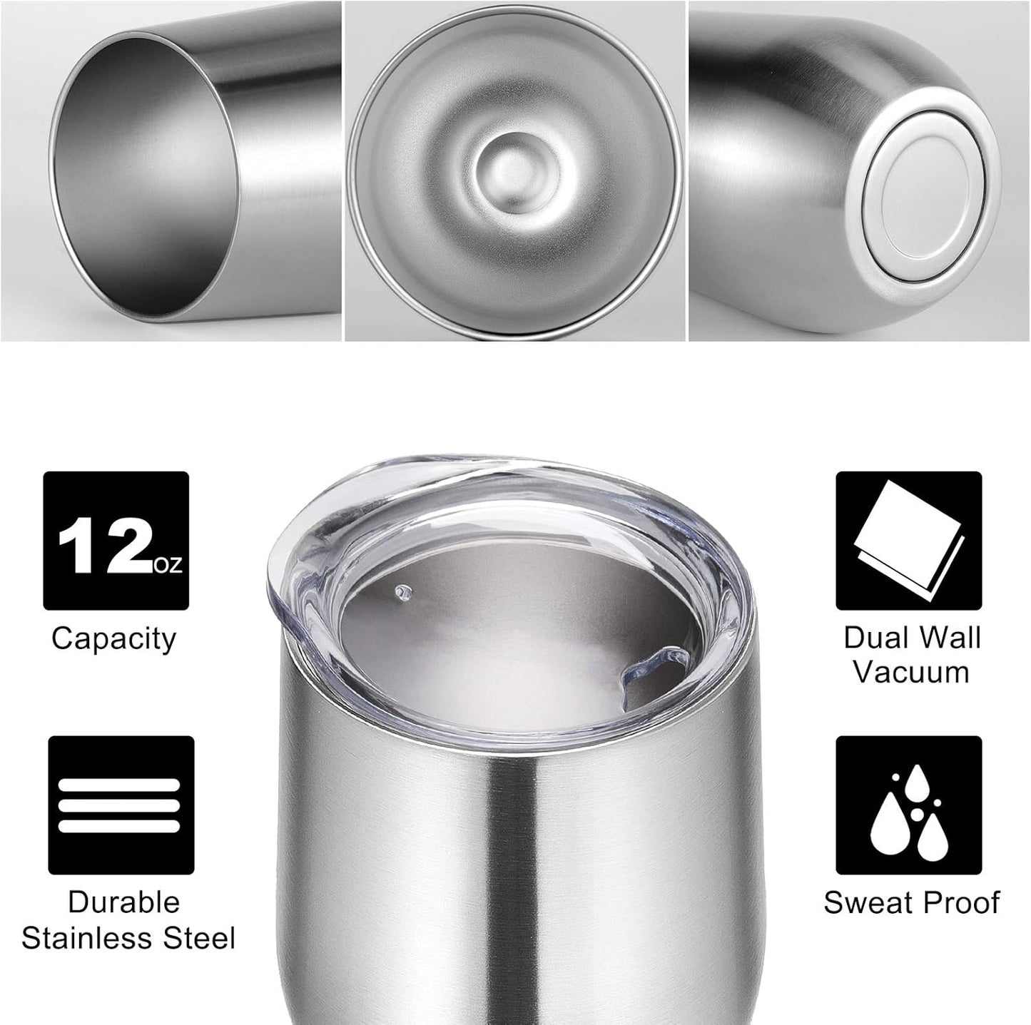 12Oz Stainless Steel Wine Tumbler with Lid and Straw, Double Wall Vacuum Insulated Stemless Wine Glass Tumbler Cup, Coffee Mug for Cold Hot Drinks