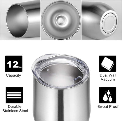 12Oz Stainless Steel Wine Tumbler with Lid and Straw, Double Wall Vacuum Insulated Stemless Wine Glass Tumbler Cup, Coffee Mug for Cold Hot Drinks