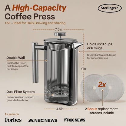 Large Insulated Stainless Steel French Press Coffee Maker 51Oz Capacity (44 Oz Brew Yield) – Double Wall Metal Coffee Press | Plastic Free | Cool-Touch | Mirror Finish | 12 Cups / 6 Mugs
