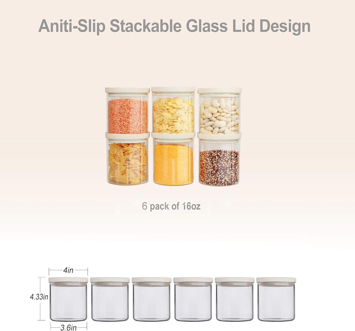 Glass Food Storage Jar with Glass Lid, Food Canister Set with Airtight Lids, Pantry Storage Jar for Kitchen Organization. Food Storage Containers in Pack of 6, 16Oz.