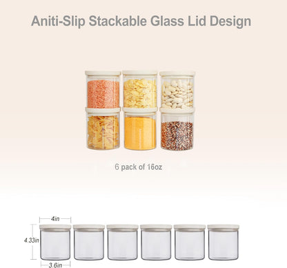 Glass Food Storage Jar with Glass Lid, Food Canister Set with Airtight Lids, Pantry Storage Jar for Kitchen Organization. Food Storage Containers in Pack of 6, 16Oz.
