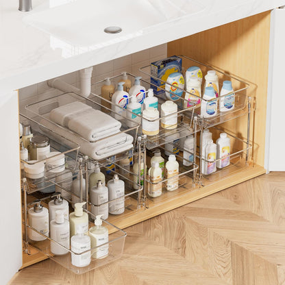 4 Pack Pull Out Bathroom under Sink Organizer (S-Standard) | Slide-Out Drawers, Multi-Purpose Storage, Clear Visibility, Easy Set-Up