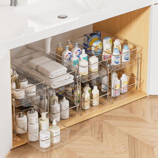 4 Pack Pull Out Bathroom under Sink Organizer (S-Standard) | Slide-Out Drawers, Multi-Purpose Storage, Clear Visibility, Easy Set-Up