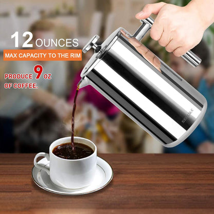 French Press Coffee Maker, 304 Grade Stainless Steel Insulated Coffee Press with 2 Extra Screens, 12Oz (0.35 Litre), Silver