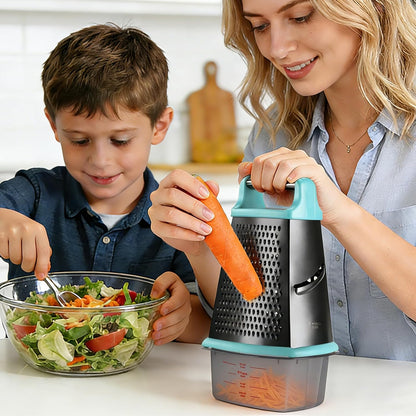 Cheese Grater with Handle, Stainless Steel Box Grater, 4 Side Kitchen Vegetable Shredder Slicer Zester with Container for Parmesan, Cabbage, Ginger, Lemon, Chocolate, Coconut (Teal Black)