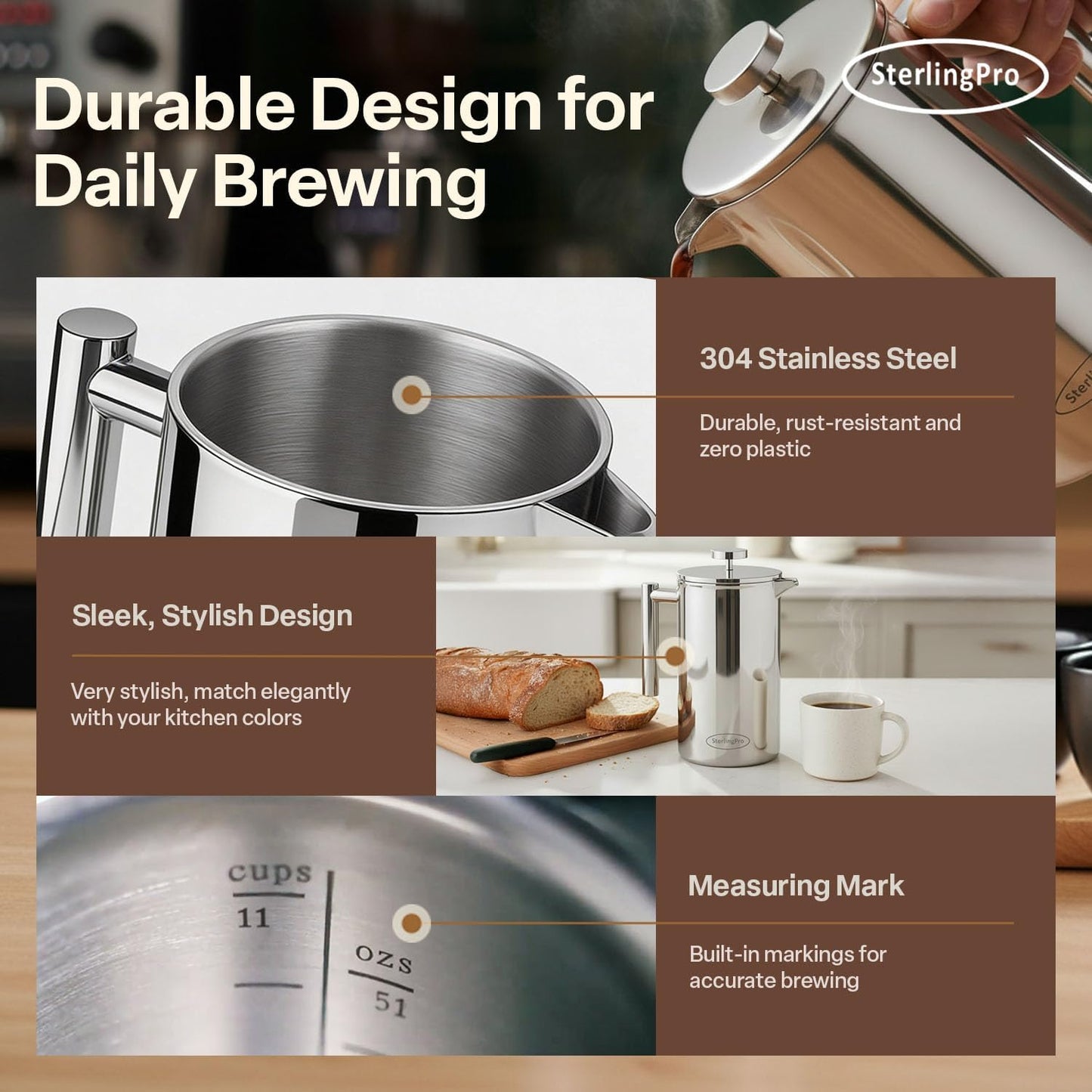 Large Insulated Stainless Steel French Press Coffee Maker 51Oz Capacity (44 Oz Brew Yield) – Double Wall Metal Coffee Press | Plastic Free | Cool-Touch | Mirror Finish | 12 Cups / 6 Mugs