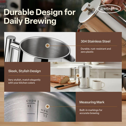 Large Insulated Stainless Steel French Press Coffee Maker 51Oz Capacity (44 Oz Brew Yield) – Double Wall Metal Coffee Press | Plastic Free | Cool-Touch | Mirror Finish | 12 Cups / 6 Mugs