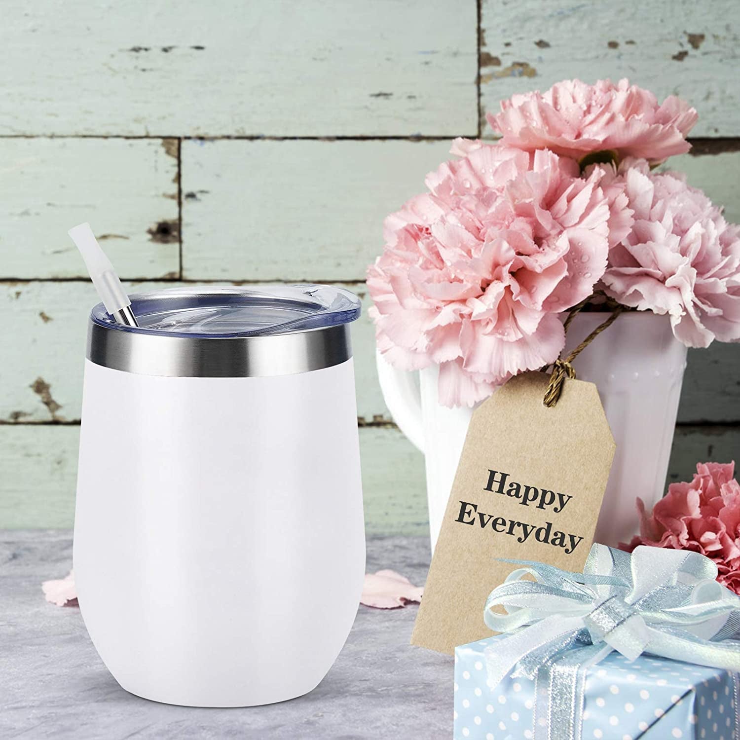 4 Pack 12Oz Stainless Steel Stemless Wine Glasses, Insulated Wine Tumbler, Stainless Steel Wine Tumbler Cups with Lids and Straws for Coffee, Cocktails, Wine, Champaign, White