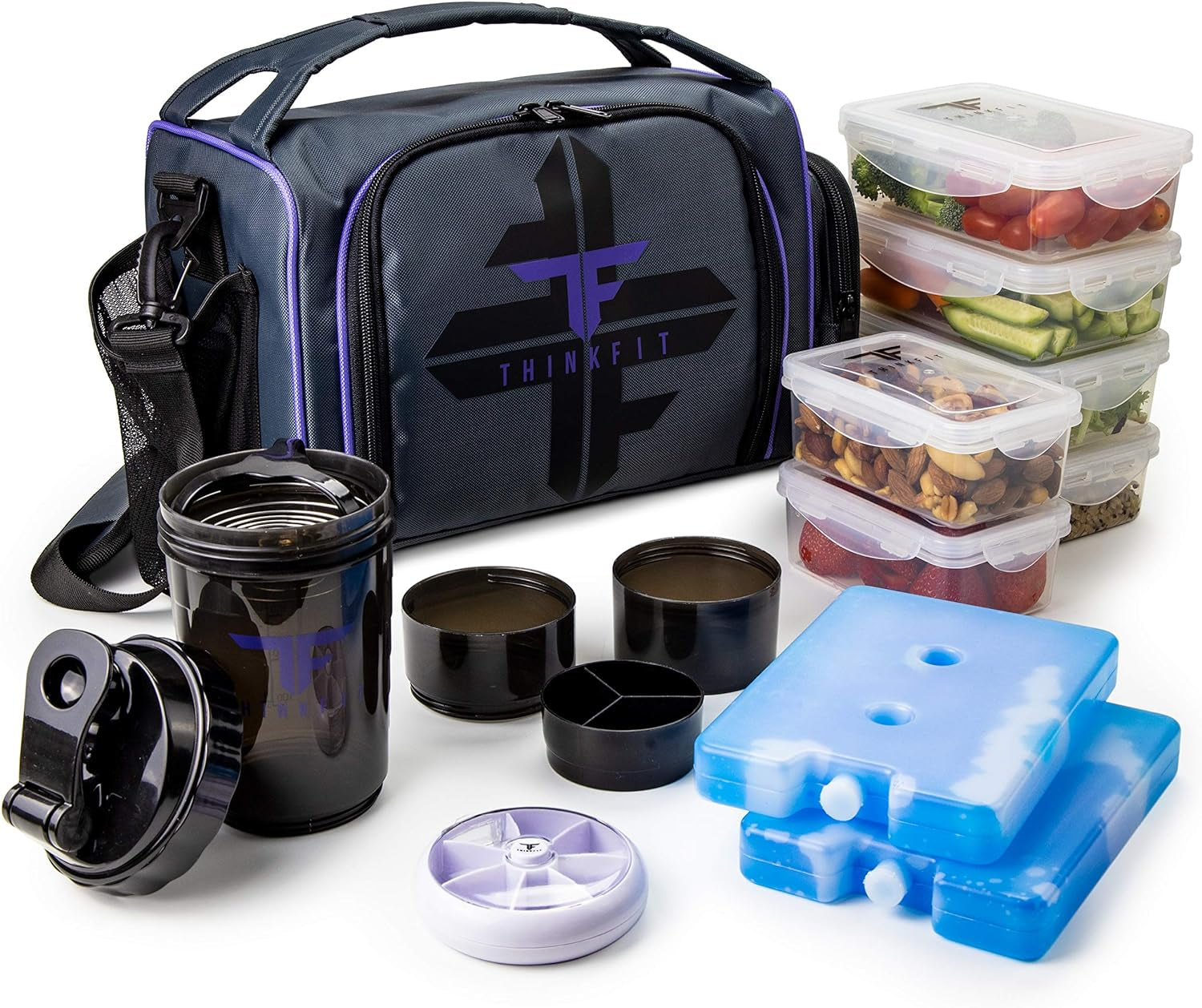Insulated Meal Prep Lunch Box with 6 Containers, 2 Ice Packs, Purple | Leak-Proof Bpa-Free Containers, Shaker Cup, Pill Organizer, Microwave and Freezer Safe, for Work and Gym,