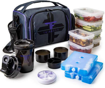 Insulated Meal Prep Lunch Box with 6 Containers, 2 Ice Packs, Purple | Leak-Proof Bpa-Free Containers, Shaker Cup, Pill Organizer, Microwave and Freezer Safe, for Work and Gym,