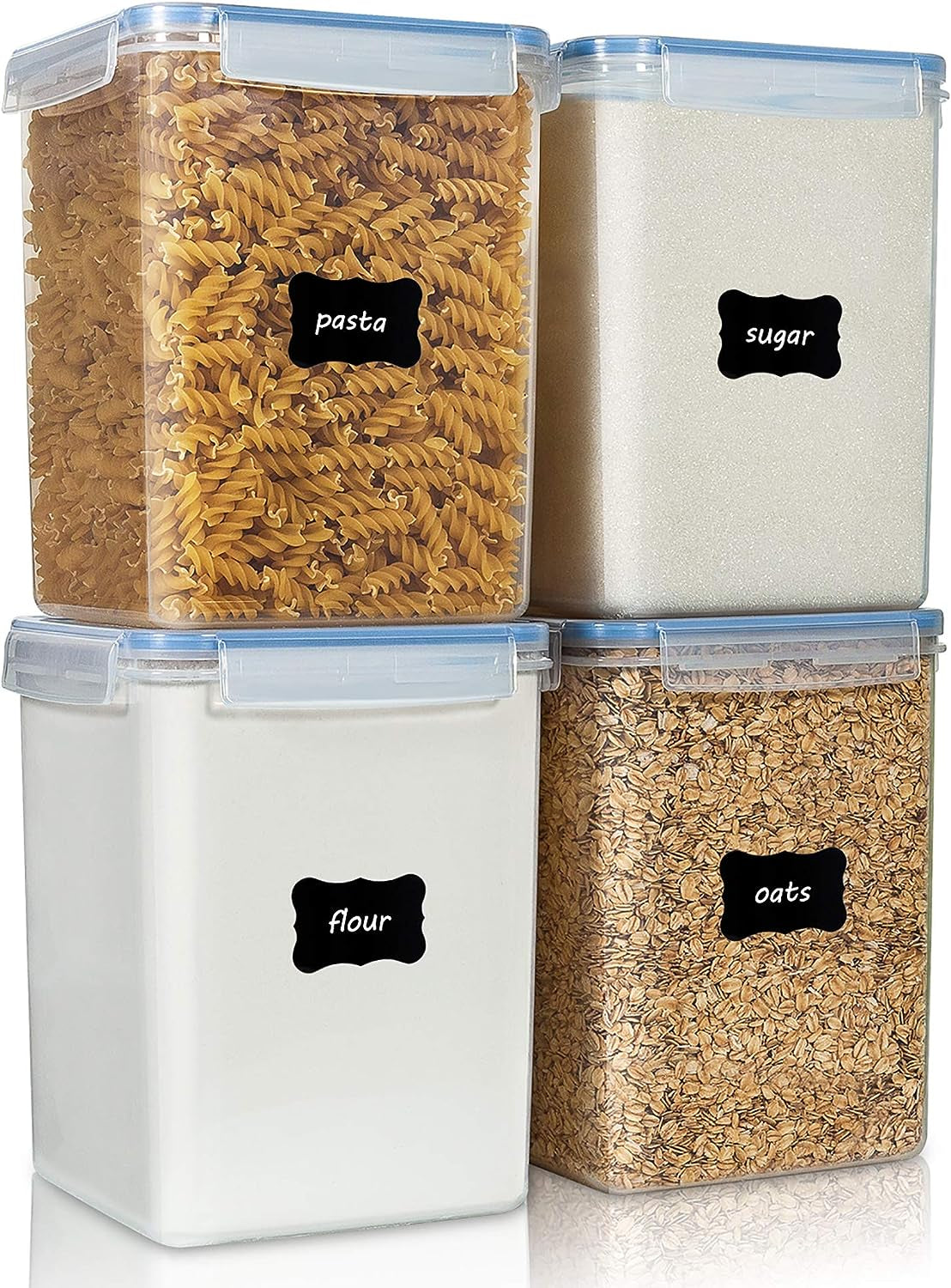 5.2L Flour Sugar Storage Containers, 4 PCS, Blue | Airtight Seal, Multiple Sizes, BPA Free, Food Grade Material, Dishwasher Safe (Not Lids), 4 Measuring Cups and 24 Labels