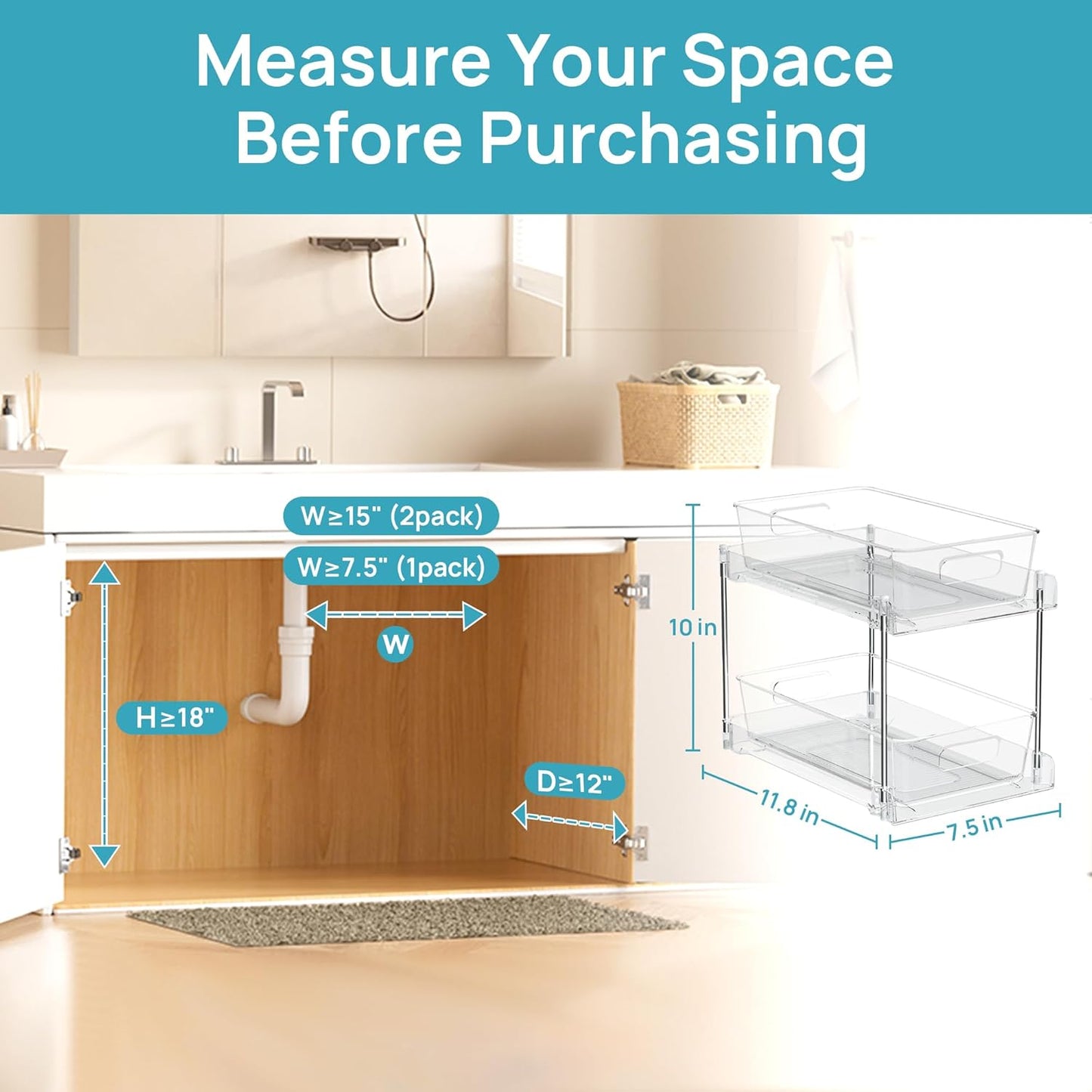 4 Pack Pull Out Bathroom under Sink Organizer (S-Standard) | Slide-Out Drawers, Multi-Purpose Storage, Clear Visibility, Easy Set-Up