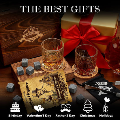 Whiskey Stones Gift for Men, Whiskey Glasses Set of 2 with Premium Wood Box | 8 Granite Chilling Whiskey Rocks, Scotch Bourbon Gifts for Men Him Dad Husband Boss, Ideal for Fathers Day, Birthday, Holiday