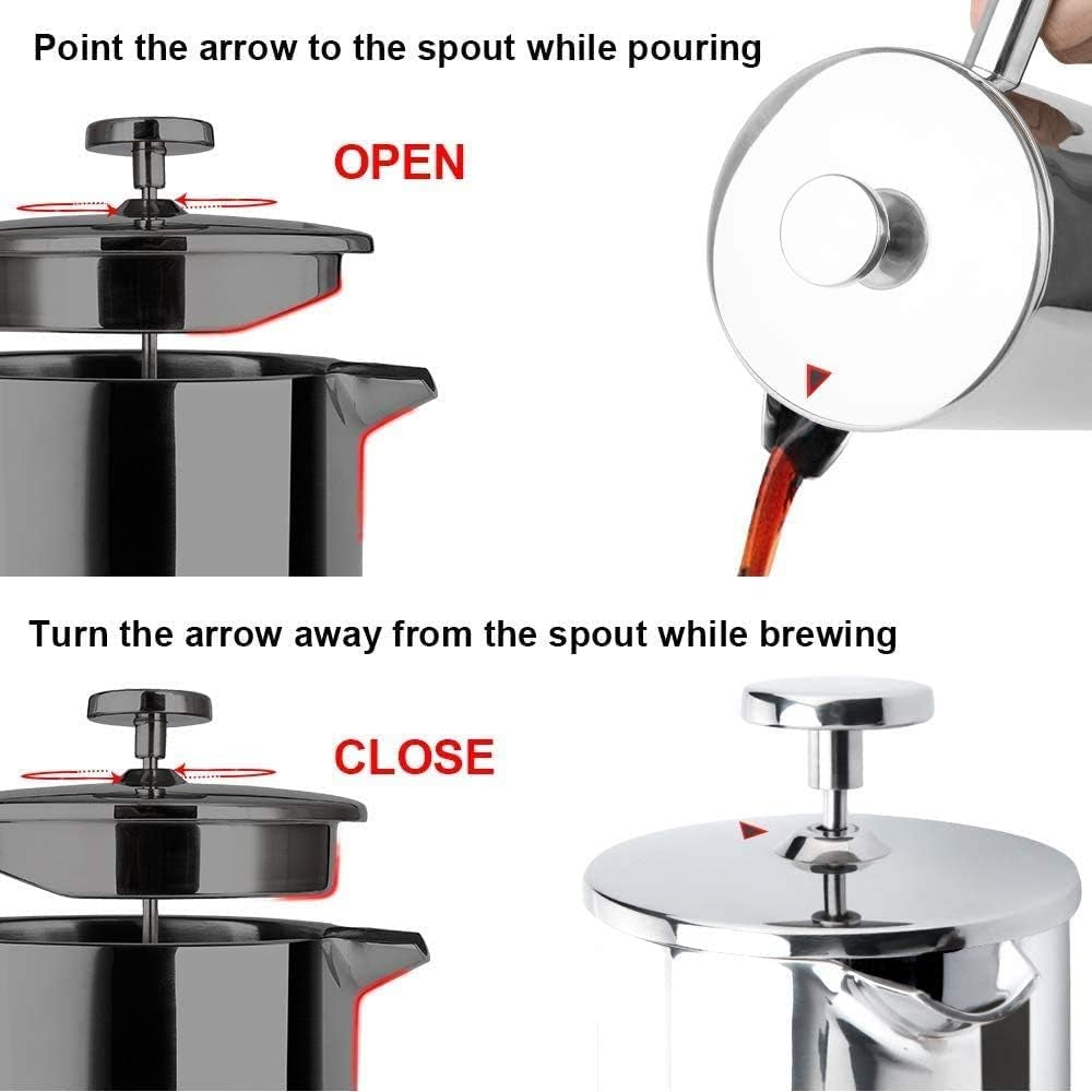 French Press Coffee Maker, 304 Grade Stainless Steel Insulated Coffee Press with 2 Extra Screens, 12Oz (0.35 Litre), Silver