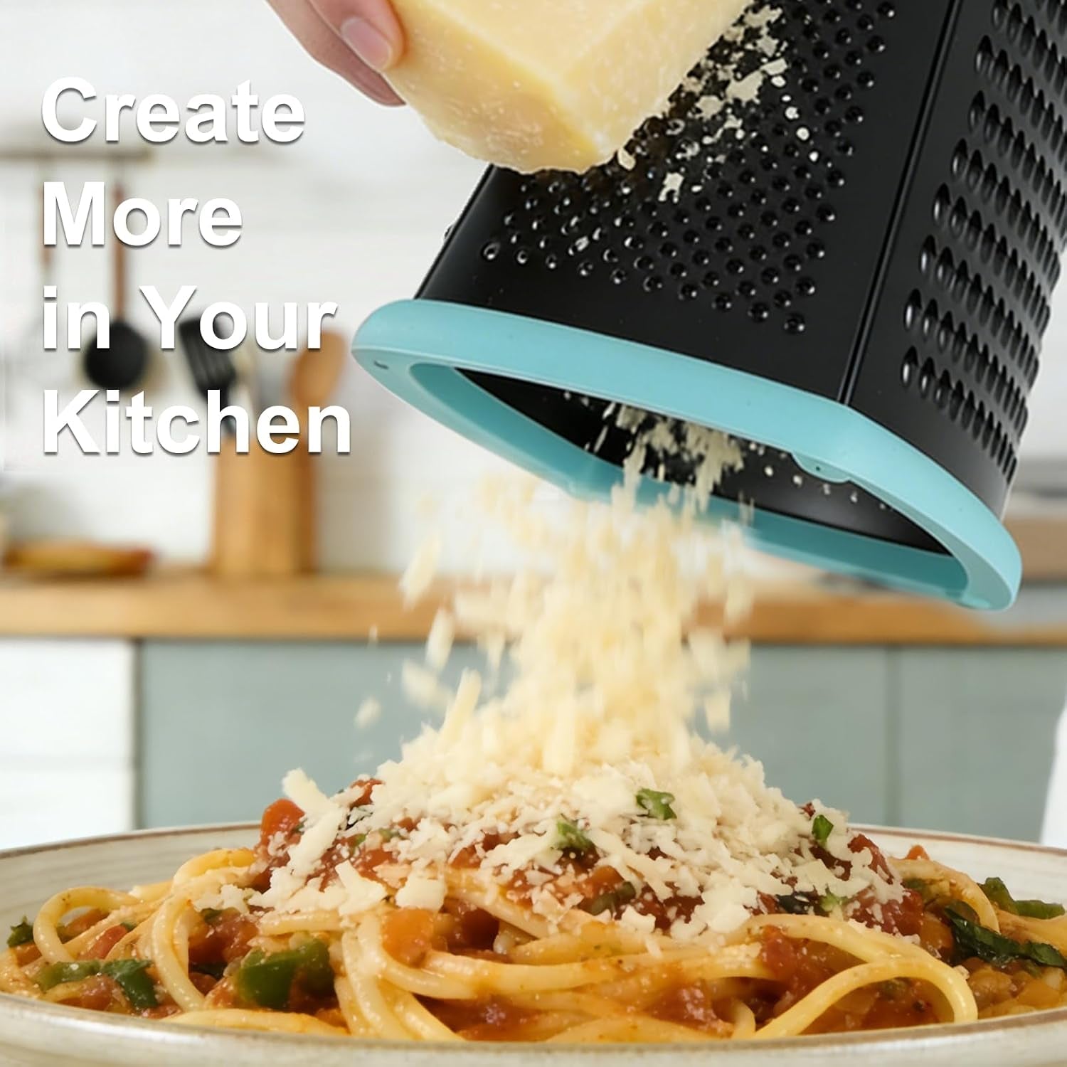 Cheese Grater with Handle, Stainless Steel Box Grater, 4 Side Kitchen Vegetable Shredder Slicer Zester with Container for Parmesan, Cabbage, Ginger, Lemon, Chocolate, Coconut (Teal Black)
