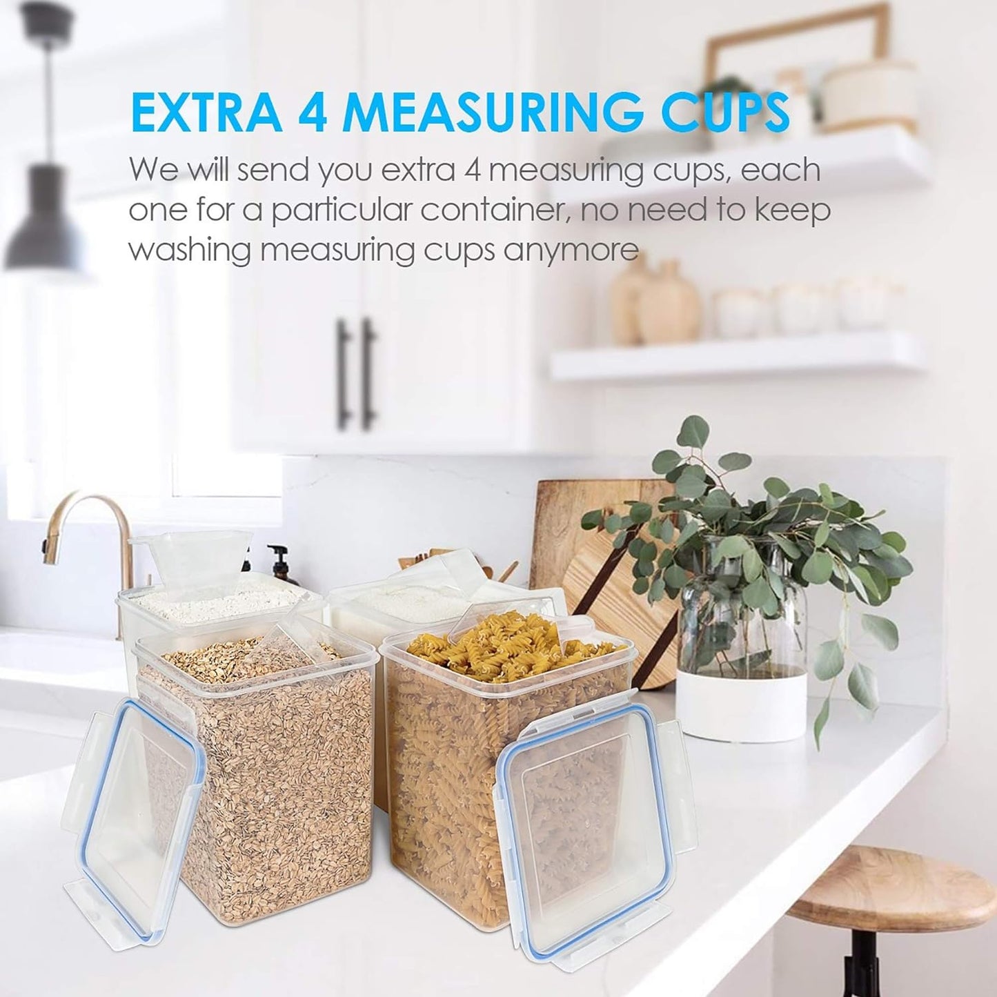5.2L Flour Sugar Storage Containers, 4 PCS, Blue | Airtight Seal, Multiple Sizes, BPA Free, Food Grade Material, Dishwasher Safe (Not Lids), 4 Measuring Cups and 24 Labels