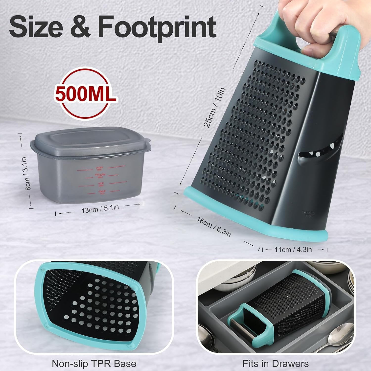 Cheese Grater with Handle, Stainless Steel Box Grater, 4 Side Kitchen Vegetable Shredder Slicer Zester with Container for Parmesan, Cabbage, Ginger, Lemon, Chocolate, Coconut (Teal Black)