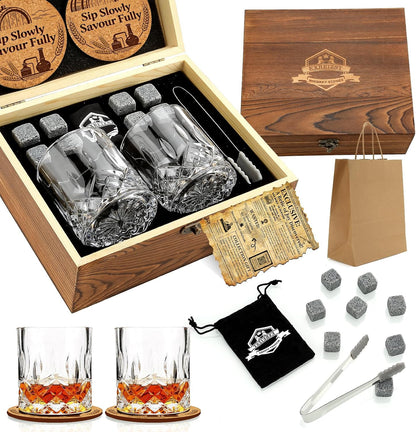 Whiskey Stones Gift for Men, Whiskey Glasses Set of 2 with Premium Wood Box | 8 Granite Chilling Whiskey Rocks, Scotch Bourbon Gifts for Men Him Dad Husband Boss, Ideal for Fathers Day, Birthday, Holiday