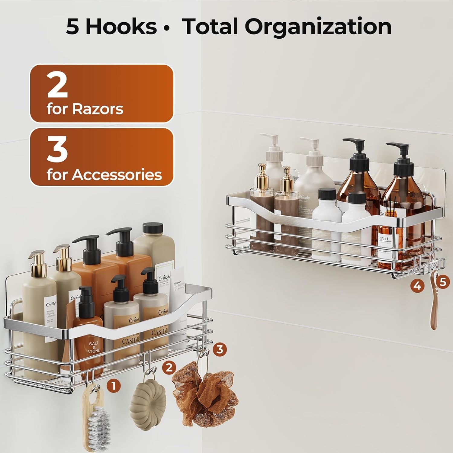 Shower Caddy Basket Soap Dish Holder Shelf with 5 Hooks Bathroom Organizer Shelf Kitchen Storage Rack Wall Mounted Adhesive No Drilling Rustproof SUS304 Stainless Steel - 3 Pack