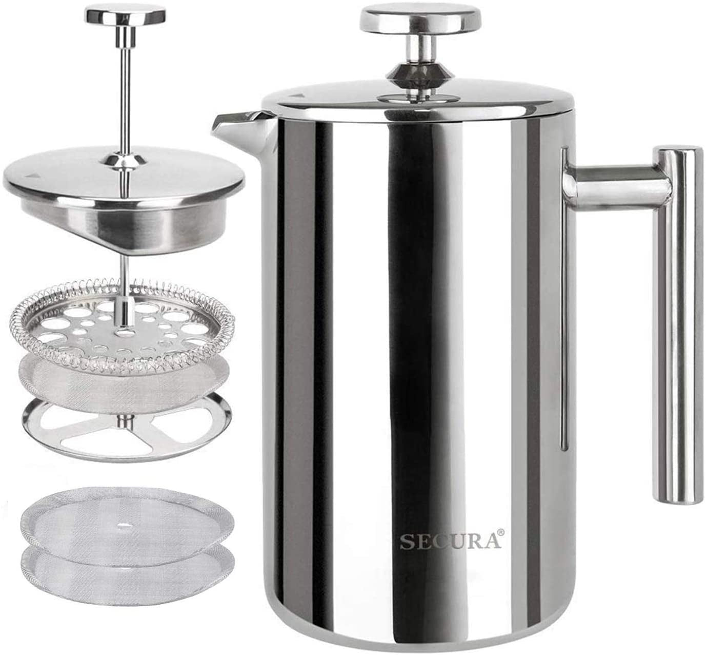 French Press Coffee Maker, 304 Grade Stainless Steel Insulated Coffee Press with 2 Extra Screens, 12Oz (0.35 Litre), Silver