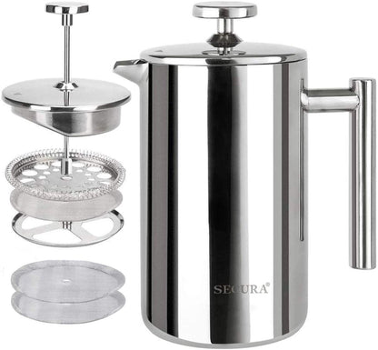 French Press Coffee Maker, 304 Grade Stainless Steel Insulated Coffee Press with 2 Extra Screens, 12Oz (0.35 Litre), Silver