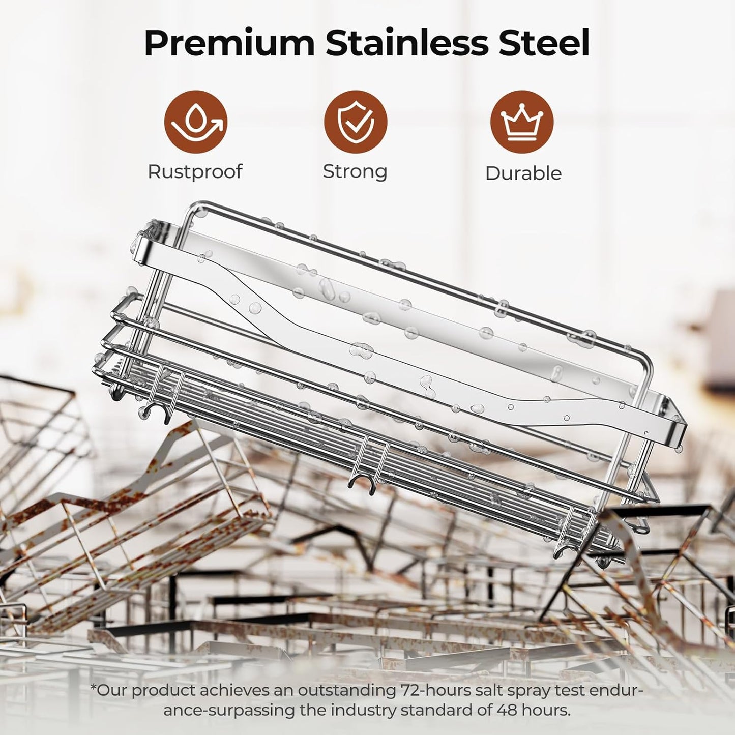 Shower Caddy Basket Soap Dish Holder Shelf with 5 Hooks Bathroom Organizer Shelf Kitchen Storage Rack Wall Mounted Adhesive No Drilling Rustproof SUS304 Stainless Steel - 3 Pack