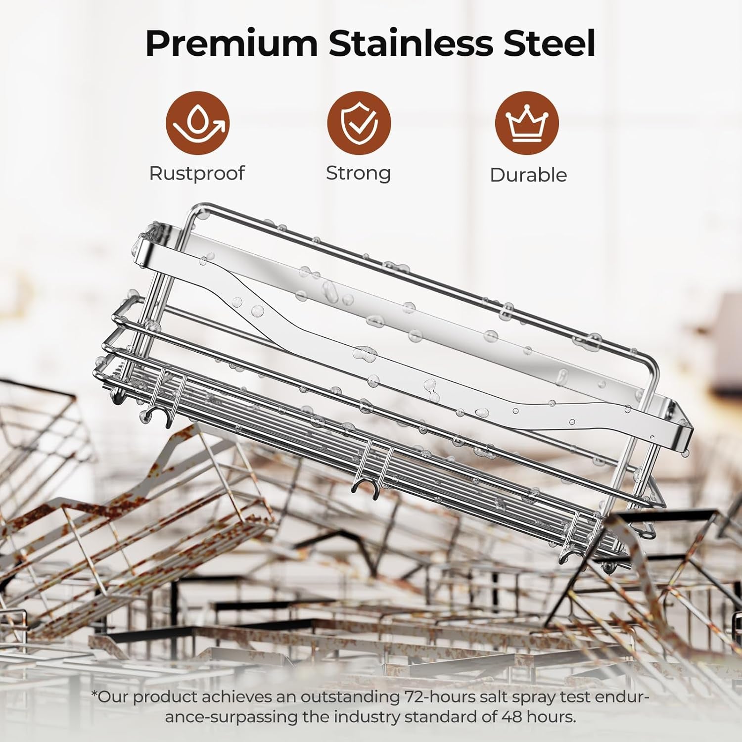 Shower Caddy Basket Soap Dish Holder Shelf with 5 Hooks Bathroom Organizer Shelf Kitchen Storage Rack Wall Mounted Adhesive No Drilling Rustproof SUS304 Stainless Steel - 3 Pack