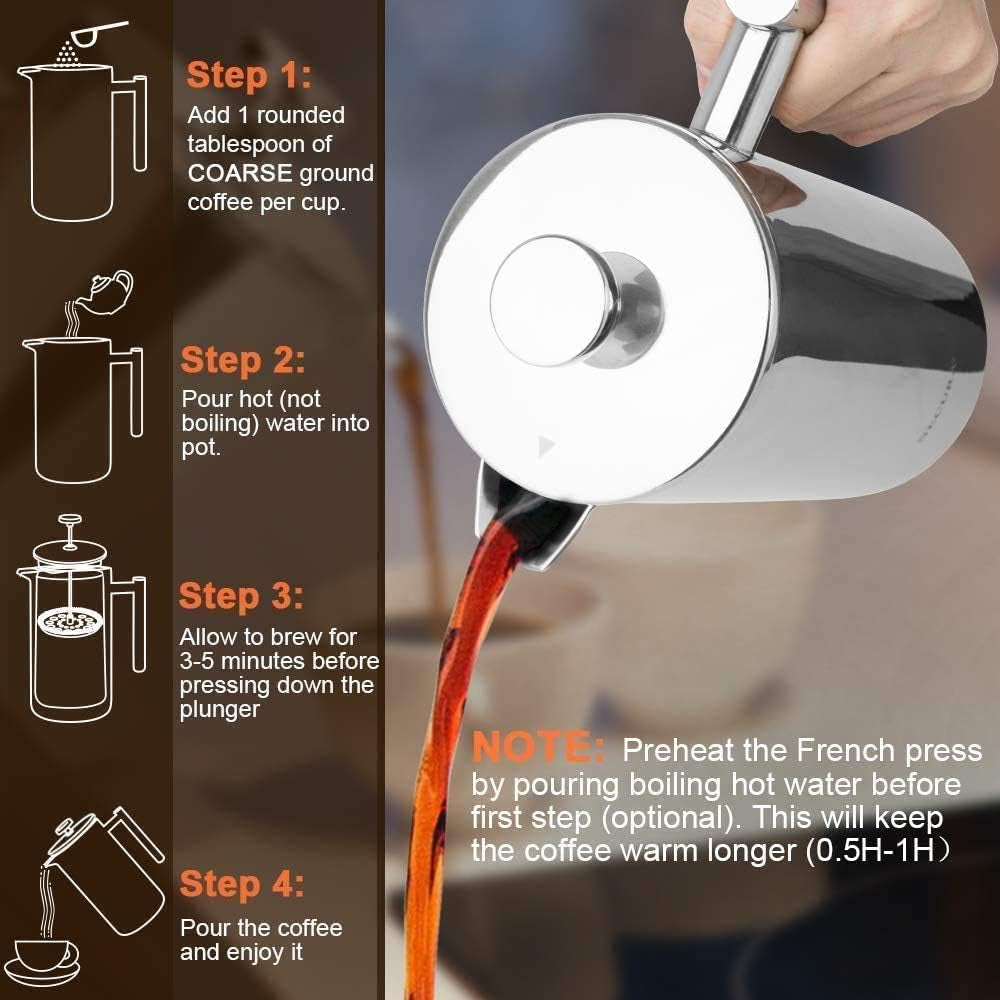 French Press Coffee Maker, 304 Grade Stainless Steel Insulated Coffee Press with 2 Extra Screens, 12Oz (0.35 Litre), Silver