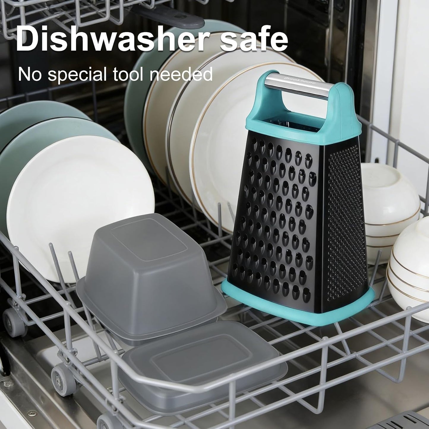 Cheese Grater with Handle, Stainless Steel Box Grater, 4 Side Kitchen Vegetable Shredder Slicer Zester with Container for Parmesan, Cabbage, Ginger, Lemon, Chocolate, Coconut (Teal Black)