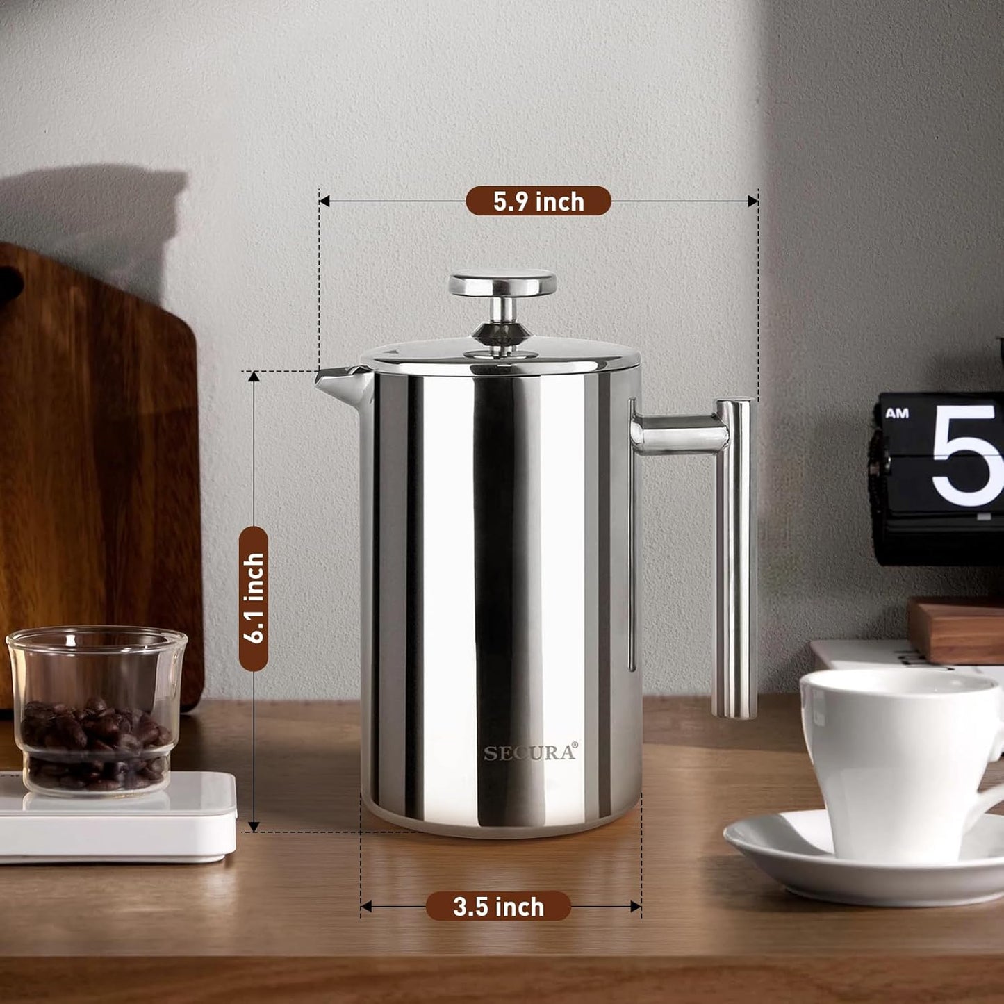 French Press Coffee Maker, 304 Grade Stainless Steel Insulated Coffee Press with 2 Extra Screens, 12Oz (0.35 Litre), Silver