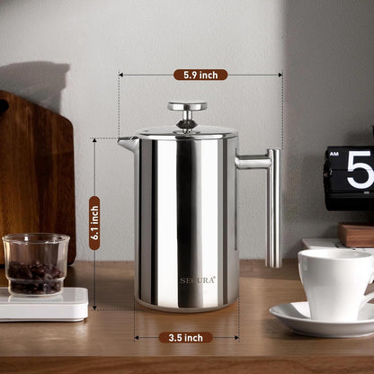 French Press Coffee Maker, 304 Grade Stainless Steel Insulated Coffee Press with 2 Extra Screens, 12Oz (0.35 Litre), Silver