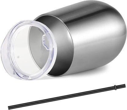 12Oz Stainless Steel Wine Tumbler with Lid and Straw, Double Wall Vacuum Insulated Stemless Wine Glass Tumbler Cup, Coffee Mug for Cold Hot Drinks