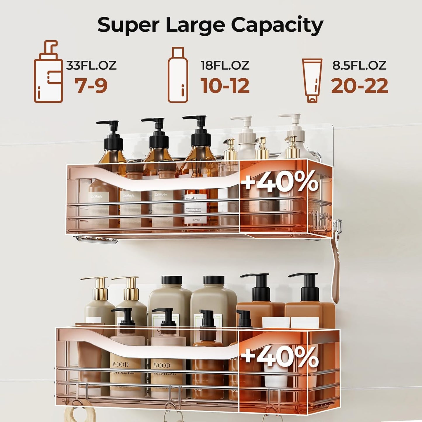 Shower Caddy Basket Soap Dish Holder Shelf with 5 Hooks Bathroom Organizer Shelf Kitchen Storage Rack Wall Mounted Adhesive No Drilling Rustproof SUS304 Stainless Steel - 3 Pack