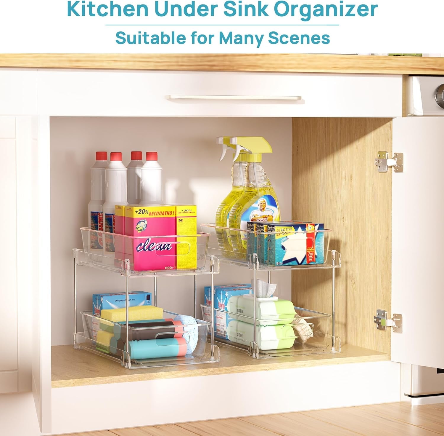4 Pack Pull Out Bathroom under Sink Organizer (S-Standard) | Slide-Out Drawers, Multi-Purpose Storage, Clear Visibility, Easy Set-Up