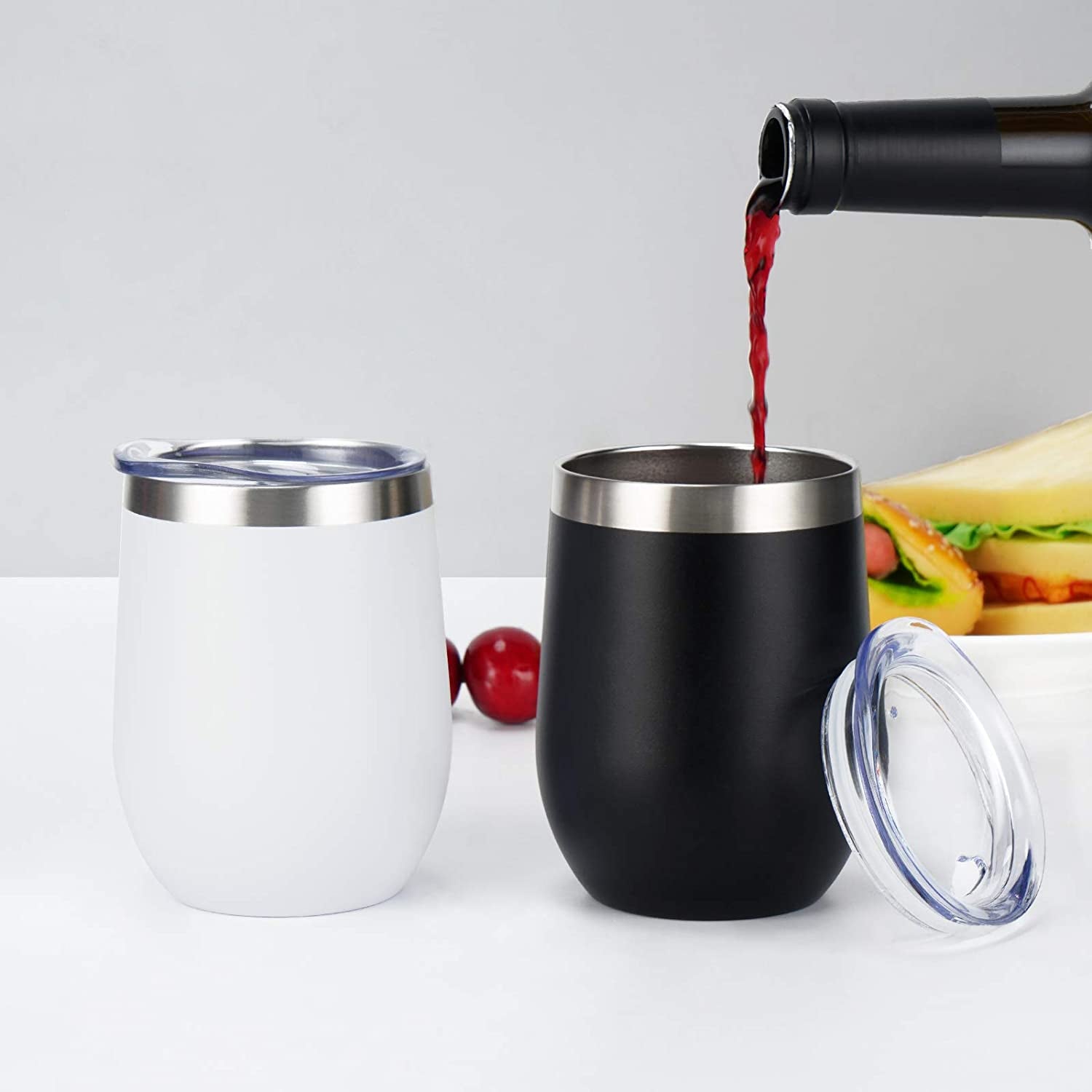 4 Pack 12Oz Stainless Steel Stemless Wine Glasses, Insulated Wine Tumbler, Stainless Steel Wine Tumbler Cups with Lids and Straws for Coffee, Cocktails, Wine, Champaign, White