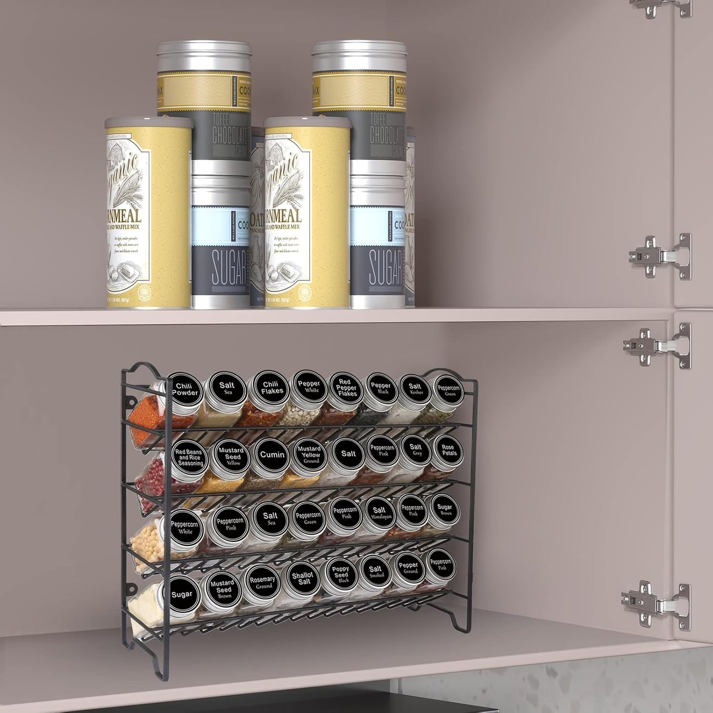 Spice Rack Organizer with 32 Glass Spice Jars and 396 Spice Labels | Chalk Marker, Funnel - Spice Organizer for Cabinet, Countertop, Pantry, Cupboard & Wall Mount, 14.8" W × 12.6" H, Black