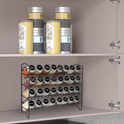 Spice Rack Organizer with 32 Glass Spice Jars and 396 Spice Labels | Chalk Marker, Funnel - Spice Organizer for Cabinet, Countertop, Pantry, Cupboard & Wall Mount, 14.8" W × 12.6" H, Black