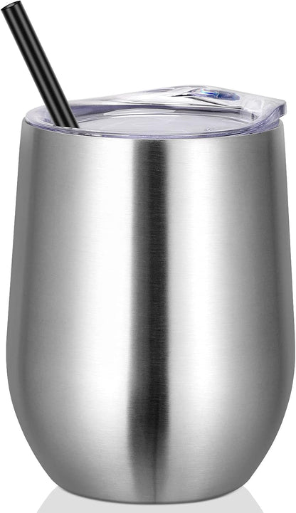 12Oz Stainless Steel Wine Tumbler with Lid and Straw, Double Wall Vacuum Insulated Stemless Wine Glass Tumbler Cup, Coffee Mug for Cold Hot Drinks