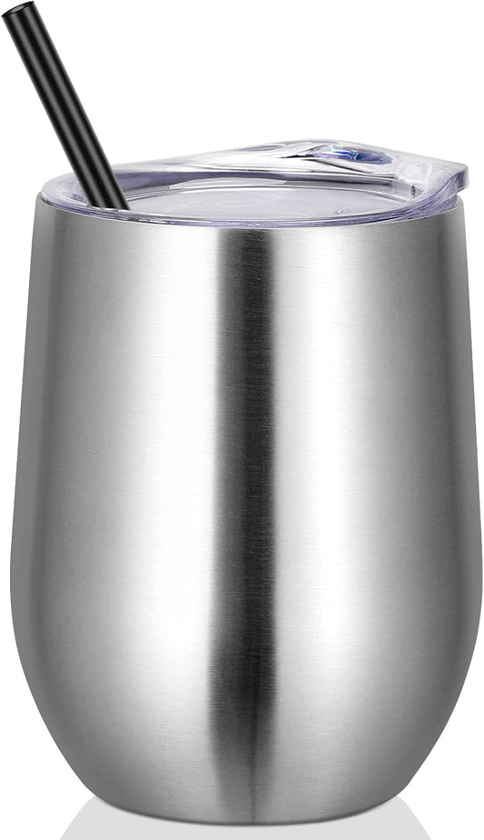 12Oz Stainless Steel Wine Tumbler with Lid and Straw, Double Wall Vacuum Insulated Stemless Wine Glass Tumbler Cup, Coffee Mug for Cold Hot Drinks