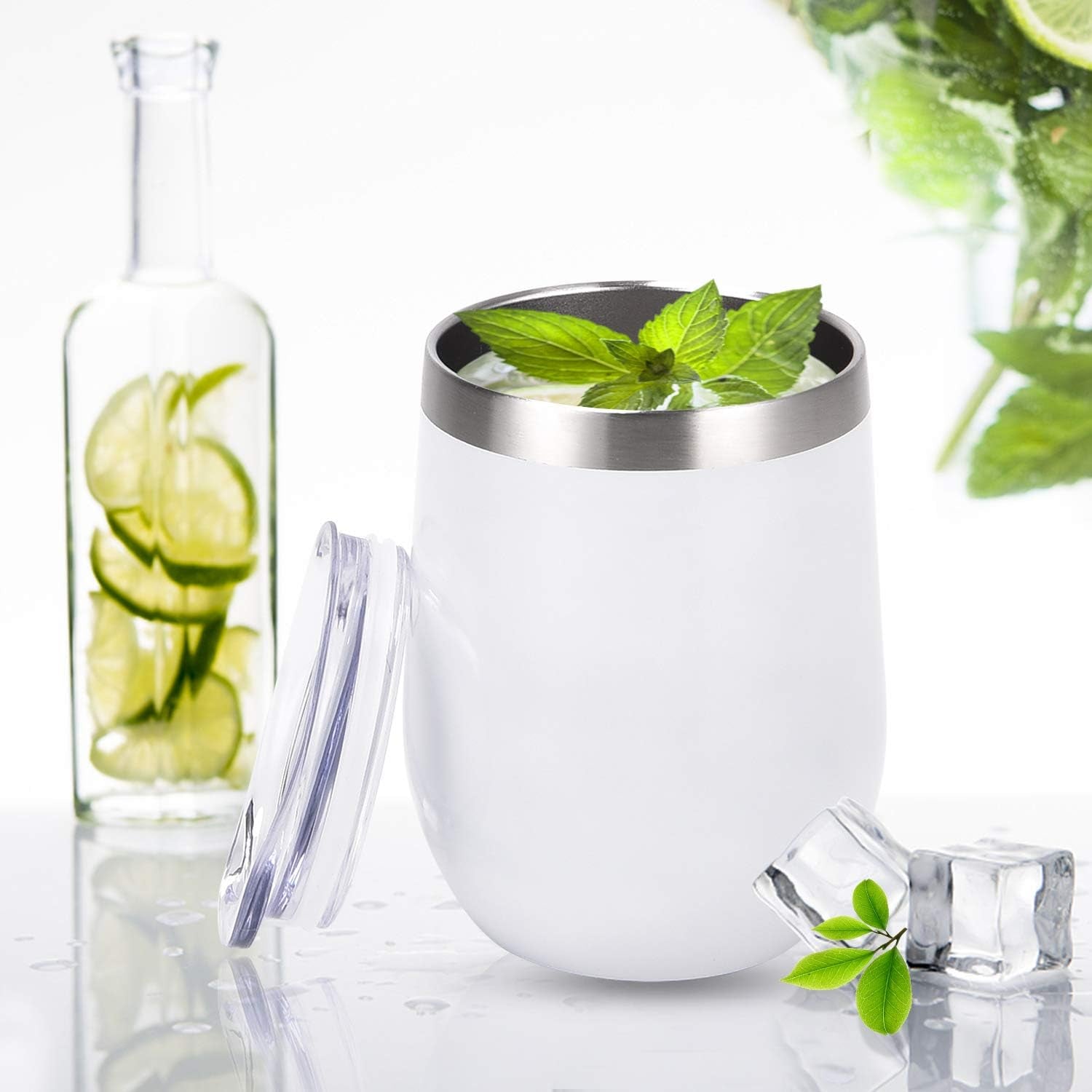 4 Pack 12Oz Stainless Steel Stemless Wine Glasses, Insulated Wine Tumbler, Stainless Steel Wine Tumbler Cups with Lids and Straws for Coffee, Cocktails, Wine, Champaign, White