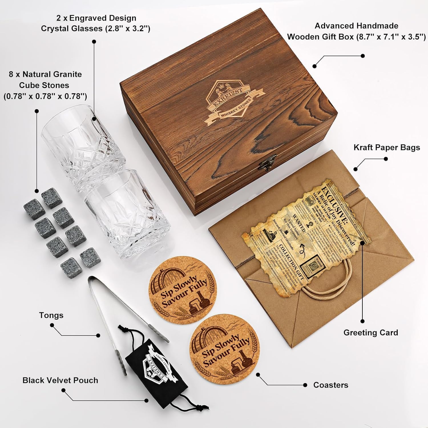 Whiskey Stones Gift for Men, Whiskey Glasses Set of 2 with Premium Wood Box | 8 Granite Chilling Whiskey Rocks, Scotch Bourbon Gifts for Men Him Dad Husband Boss, Ideal for Fathers Day, Birthday, Holiday