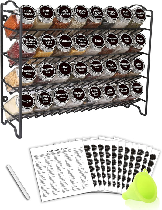 Spice Rack Organizer with 32 Glass Spice Jars and 396 Spice Labels | Chalk Marker, Funnel - Spice Organizer for Cabinet, Countertop, Pantry, Cupboard & Wall Mount, 14.8" W × 12.6" H, Black