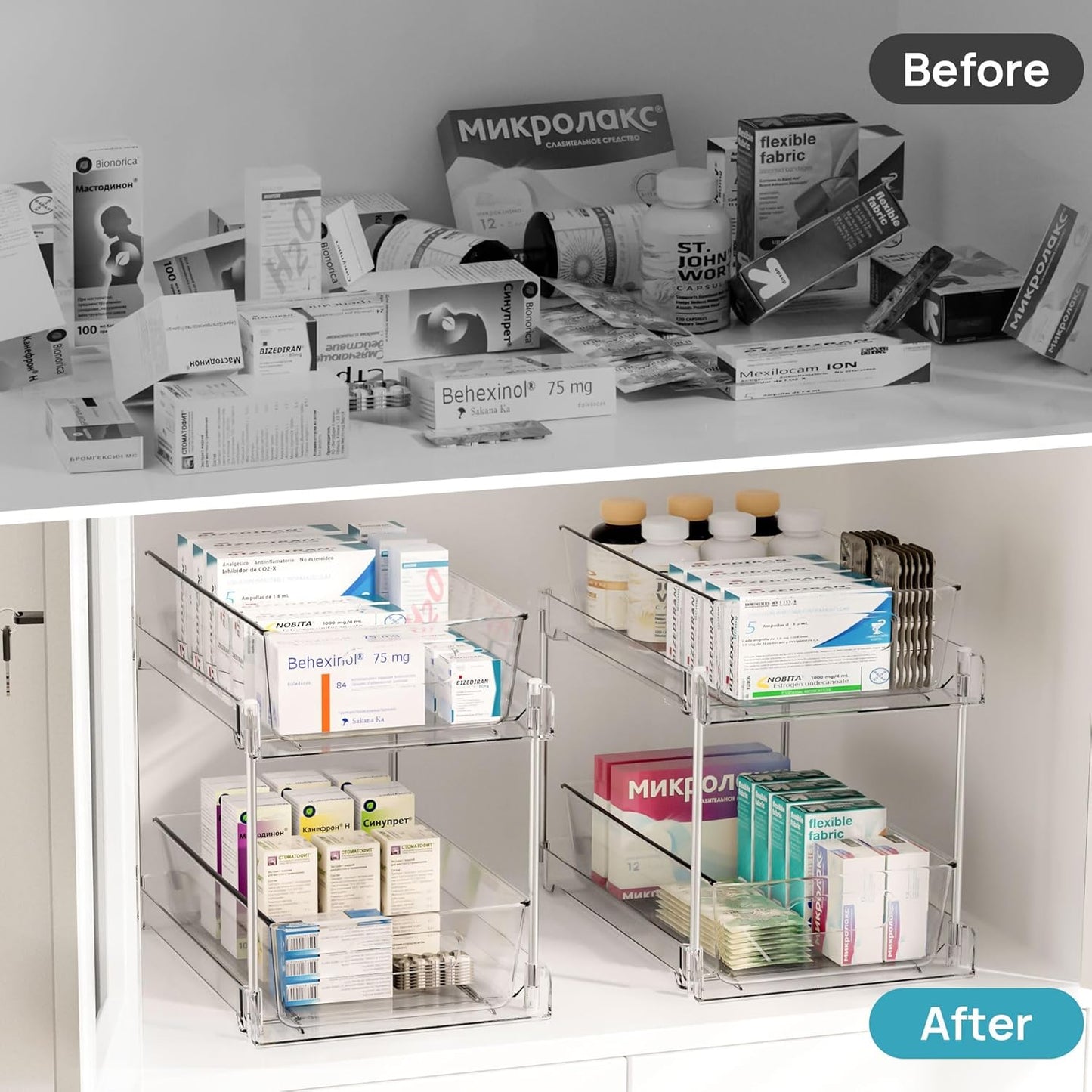 4 Pack Pull Out Bathroom under Sink Organizer (S-Standard) | Slide-Out Drawers, Multi-Purpose Storage, Clear Visibility, Easy Set-Up