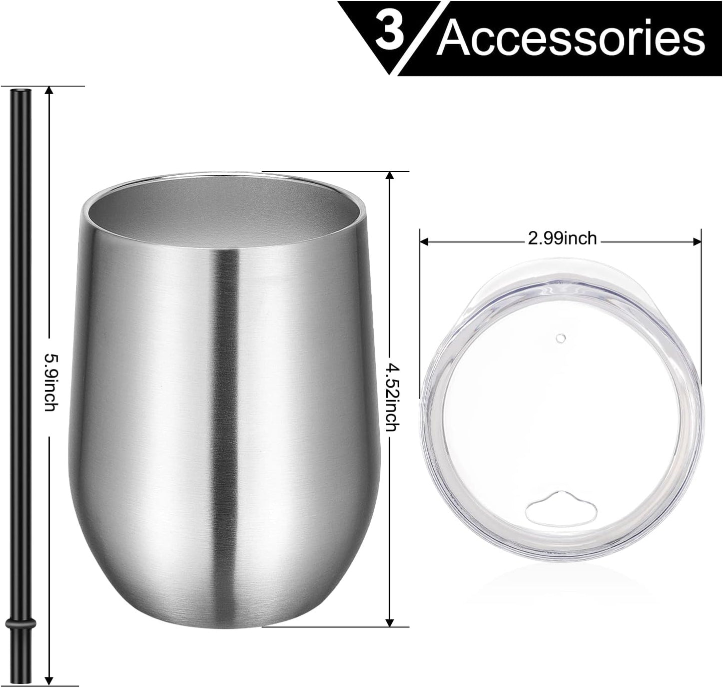 12Oz Stainless Steel Wine Tumbler with Lid and Straw, Double Wall Vacuum Insulated Stemless Wine Glass Tumbler Cup, Coffee Mug for Cold Hot Drinks