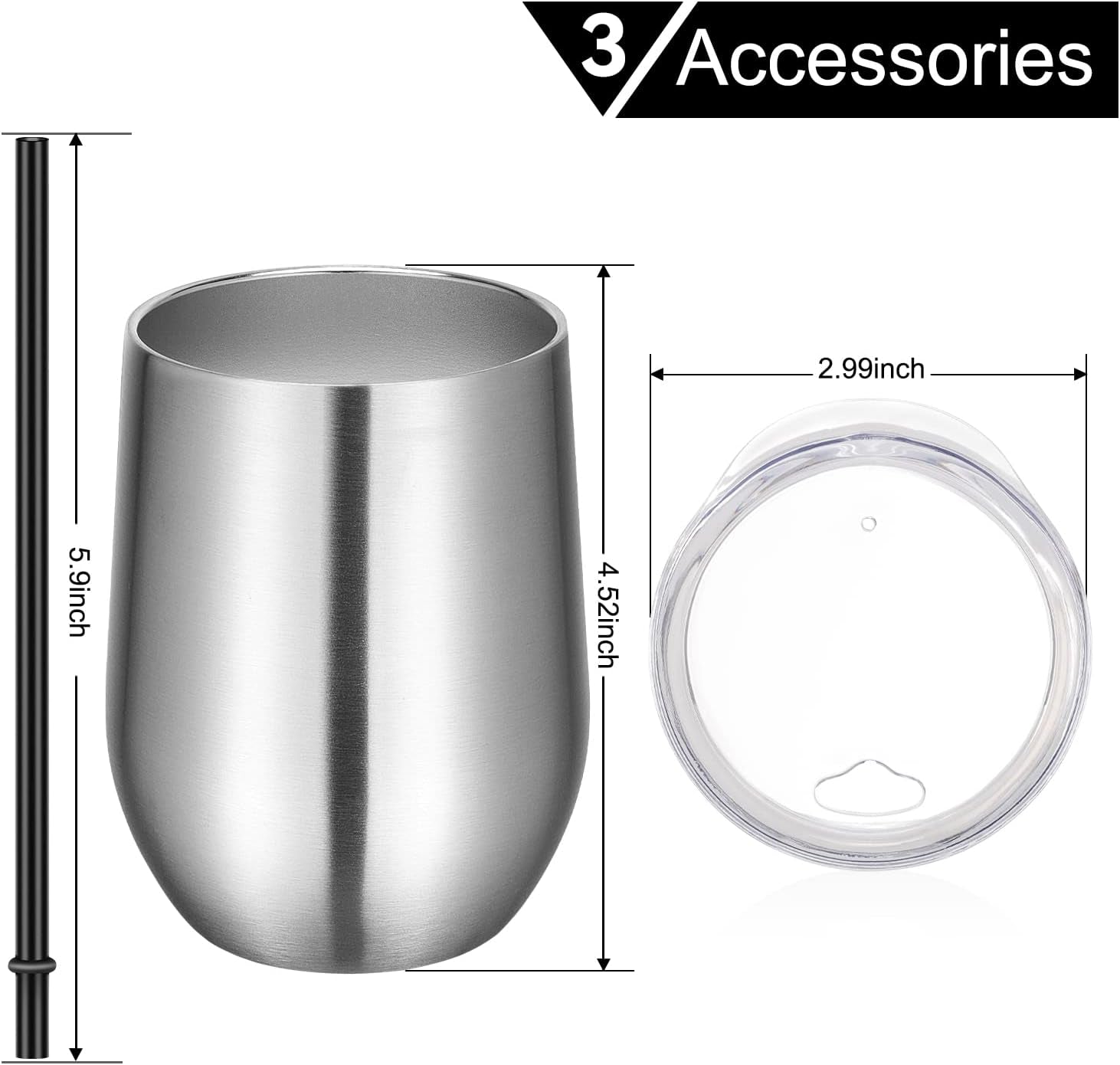 12Oz Stainless Steel Wine Tumbler with Lid and Straw, Double Wall Vacuum Insulated Stemless Wine Glass Tumbler Cup, Coffee Mug for Cold Hot Drinks