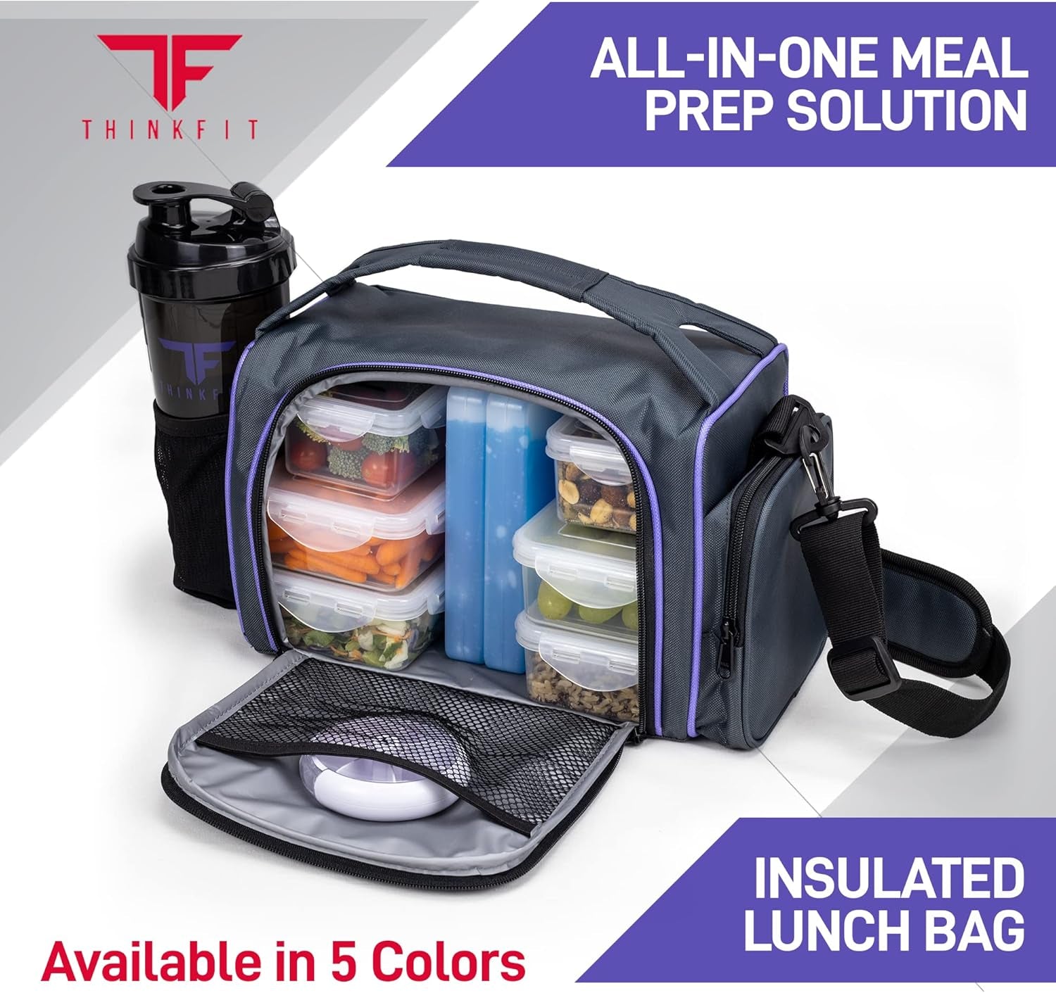 Insulated Meal Prep Lunch Box with 6 Containers, 2 Ice Packs, Purple | Leak-Proof Bpa-Free Containers, Shaker Cup, Pill Organizer, Microwave and Freezer Safe, for Work and Gym,