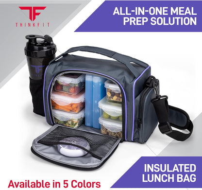 Insulated Meal Prep Lunch Box with 6 Containers, 2 Ice Packs, Purple | Leak-Proof Bpa-Free Containers, Shaker Cup, Pill Organizer, Microwave and Freezer Safe, for Work and Gym,