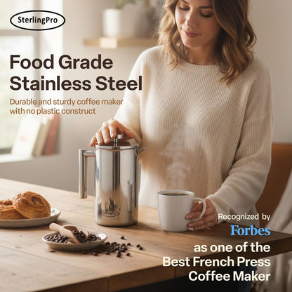 Large Insulated Stainless Steel French Press Coffee Maker 51Oz Capacity (44 Oz Brew Yield) – Double Wall Metal Coffee Press | Plastic Free | Cool-Touch | Mirror Finish | 12 Cups / 6 Mugs